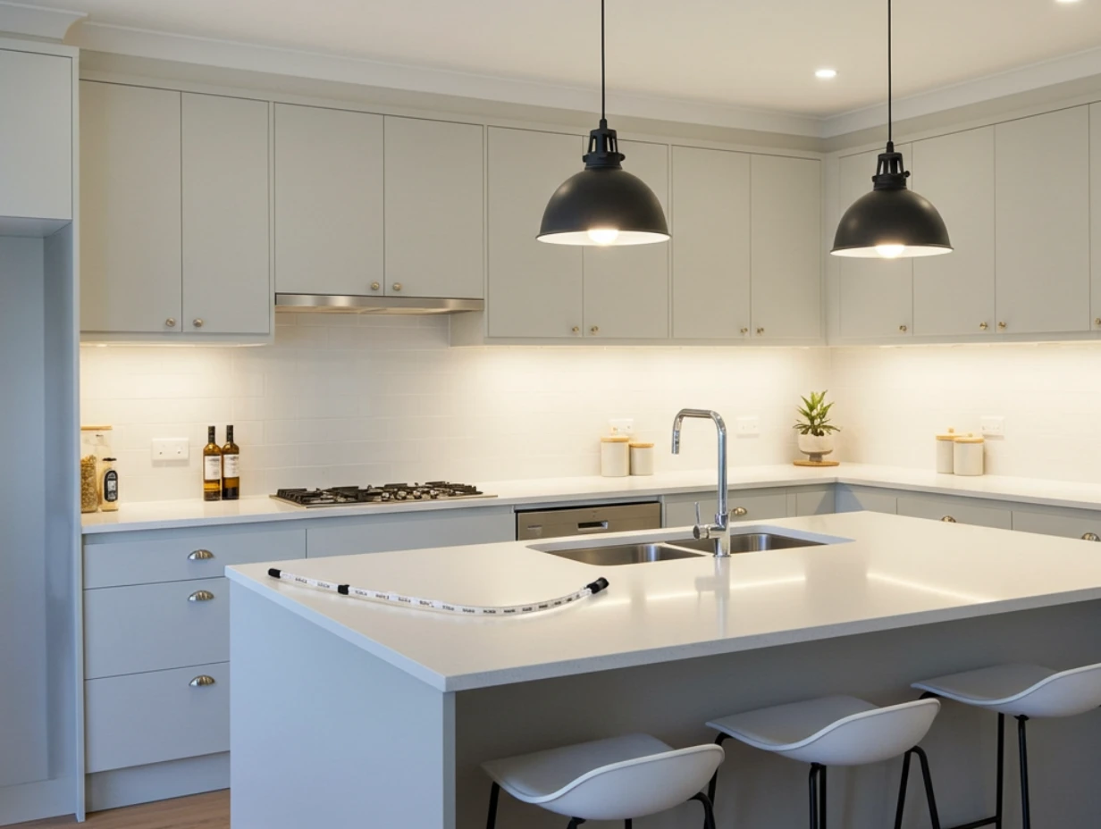 Electrician installing energy-efficient LED lighting in a Gold Coast home, improving brightness and energy efficiency.