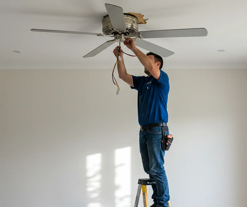Technician Repairing a Ceiling Fan - Electrical Maintenance