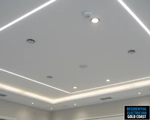 A close-up of ceiling lights and recessed lighting in a modern ceiling design.