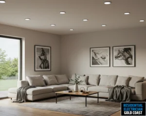 A cozy living room with soft, neutral-toned furniture and modern decor