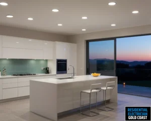 A modern kitchen with bright lighting and a scenic view through the window.